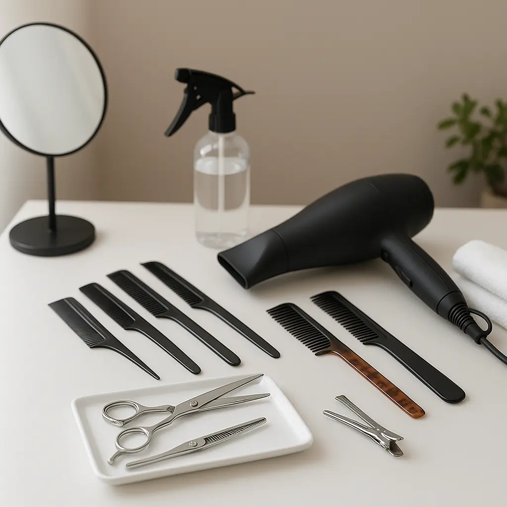 Kadeřnické nástroje na pracovním stole